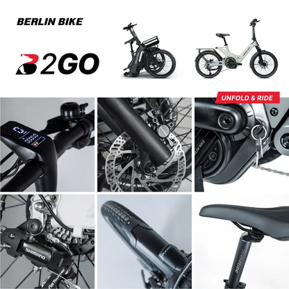 Présentation des caractéristiques principales du vélo électrique pliant Berlin Bike 2GO 20 pouces, vert clair