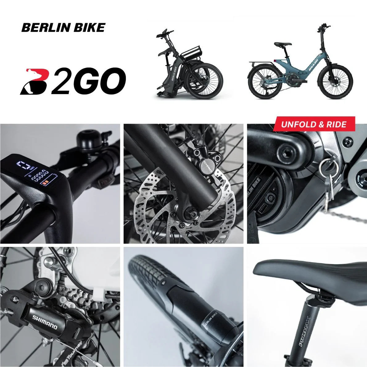 Présentation des caractéristiques principales du vélo électrique pliant Berlin Bike 2GO 20 pouces, bleu foncé
