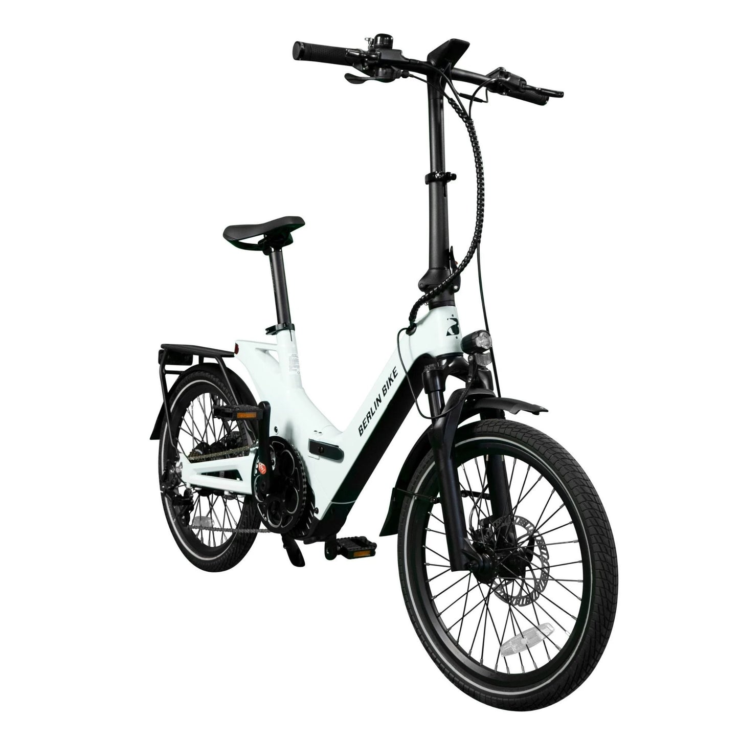 Vélo électrique pliant Berlin Bike 2GO 20 pouces, vue de côté à 45 degrés, vert clair