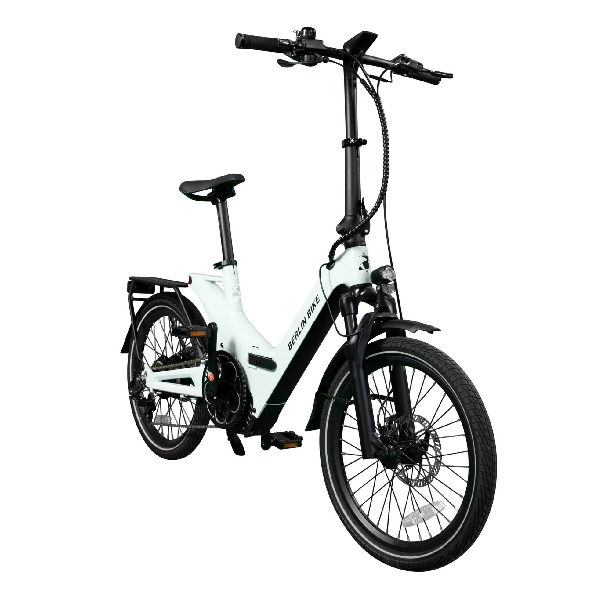 Vélo électrique pliant Berlin Bike 2GO 20 pouces, vue de côté à 45 degrés, vert clair