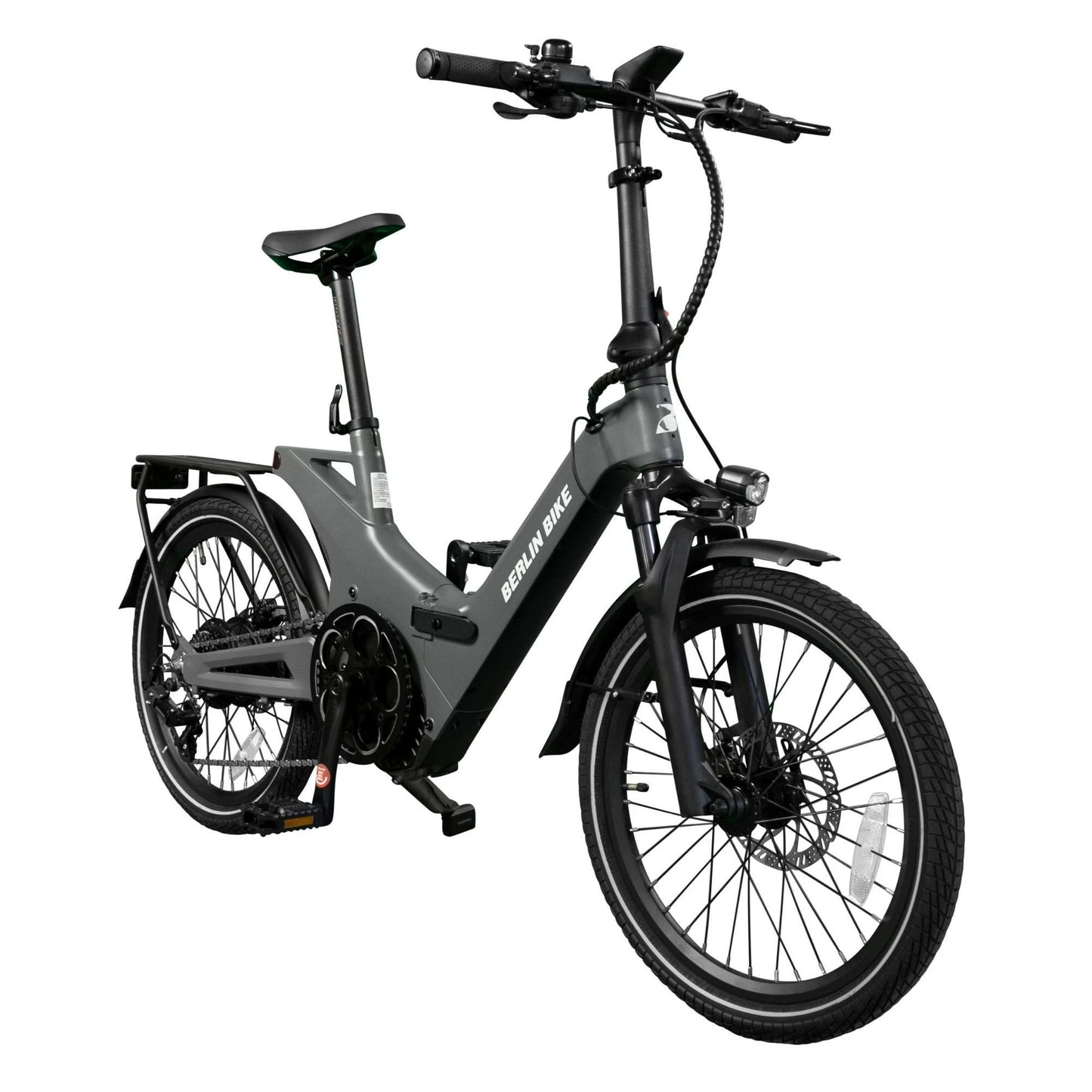 Vélo électrique pliant Berlin Bike 2GO 20 pouces, vue de côté à 45 degrés, noir mat