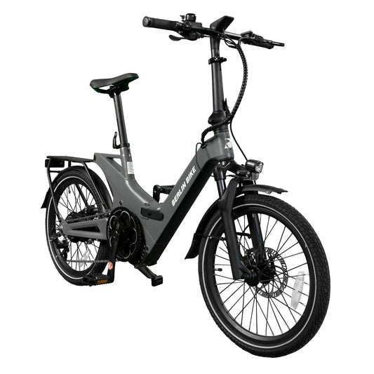 Vélo électrique pliant Berlin Bike 2GO 20 pouces, vue de côté à 45 degrés, noir mat