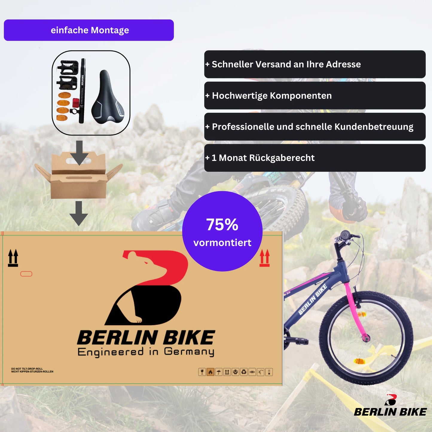 Berlin Bike Grizz Kids Bike 20 Inch, Zoll rosa 75 prozent vormontiert einfache montage 1080x1080
