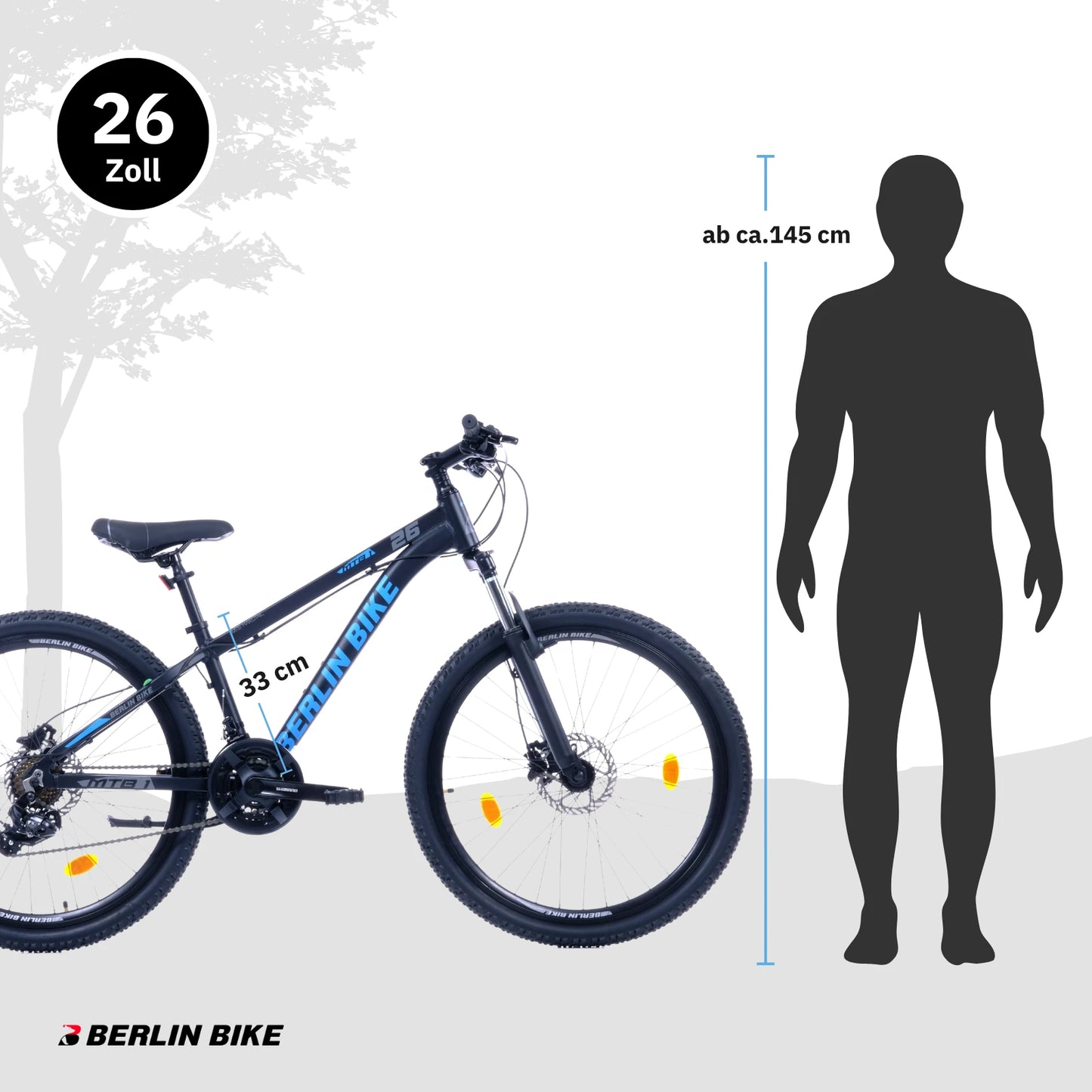 Berlin Bike MTB1 mountainbike 26 tommer størrelsesguide og mål sort blå