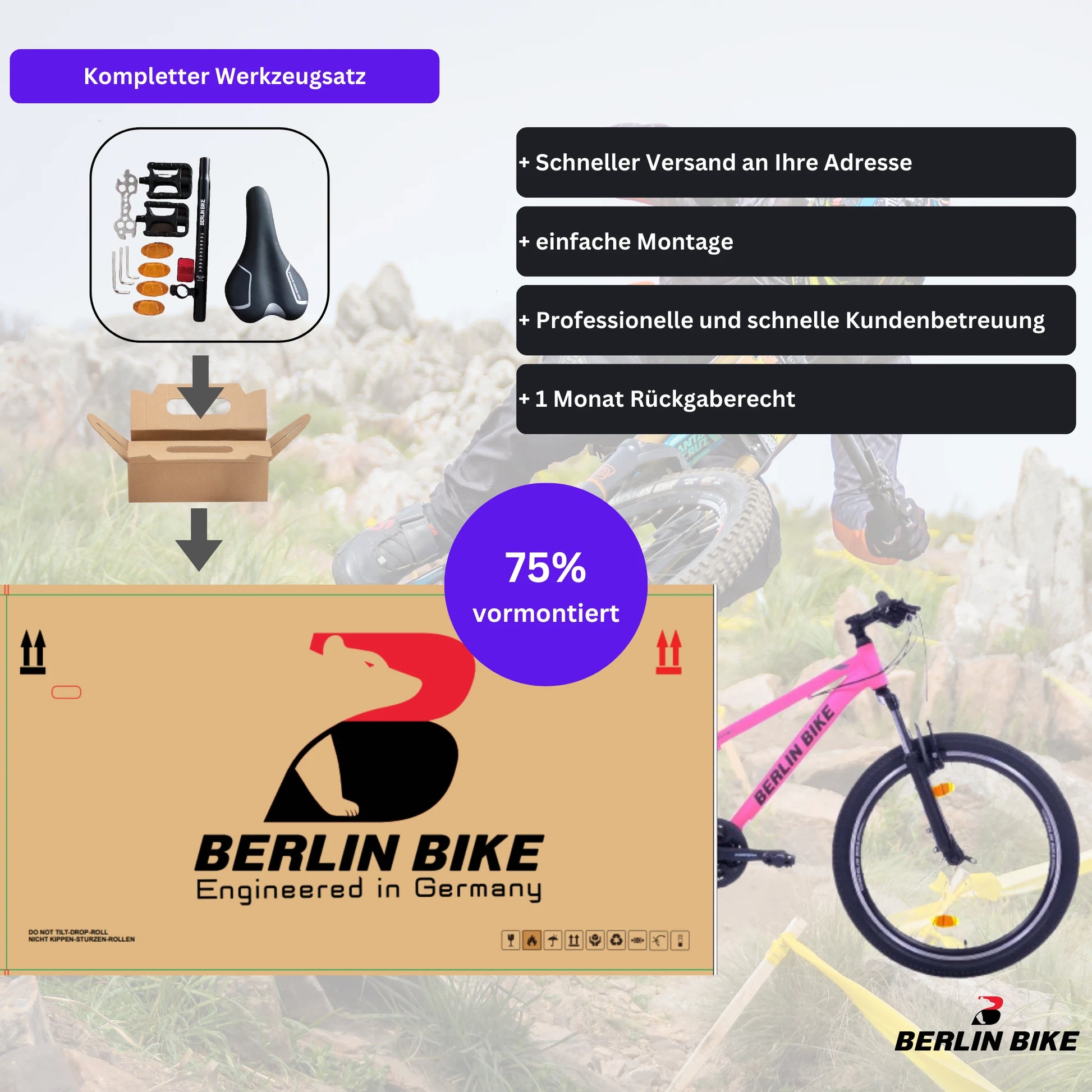 Berlin Bike MTB1 Youth Mountain Bike 24 Inch shipping package pink