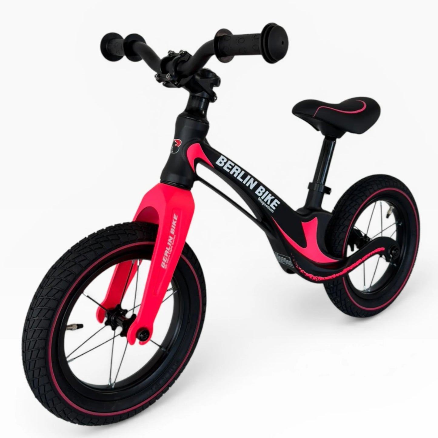 Berlin Bike Rolly Growy vélo d’équilibre 12 pouces vue avant de trois quarts rose