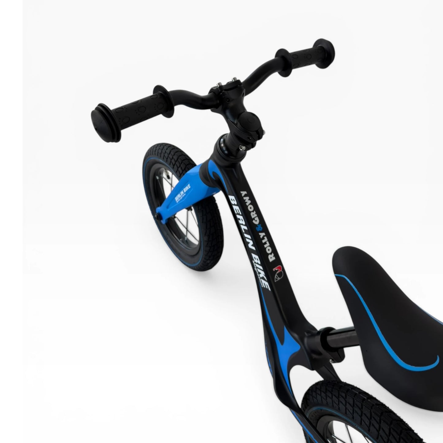 Berlin Bike Rolly Growy vélo d’équilibre 12 pouces détail du guidon et de la selle bleu