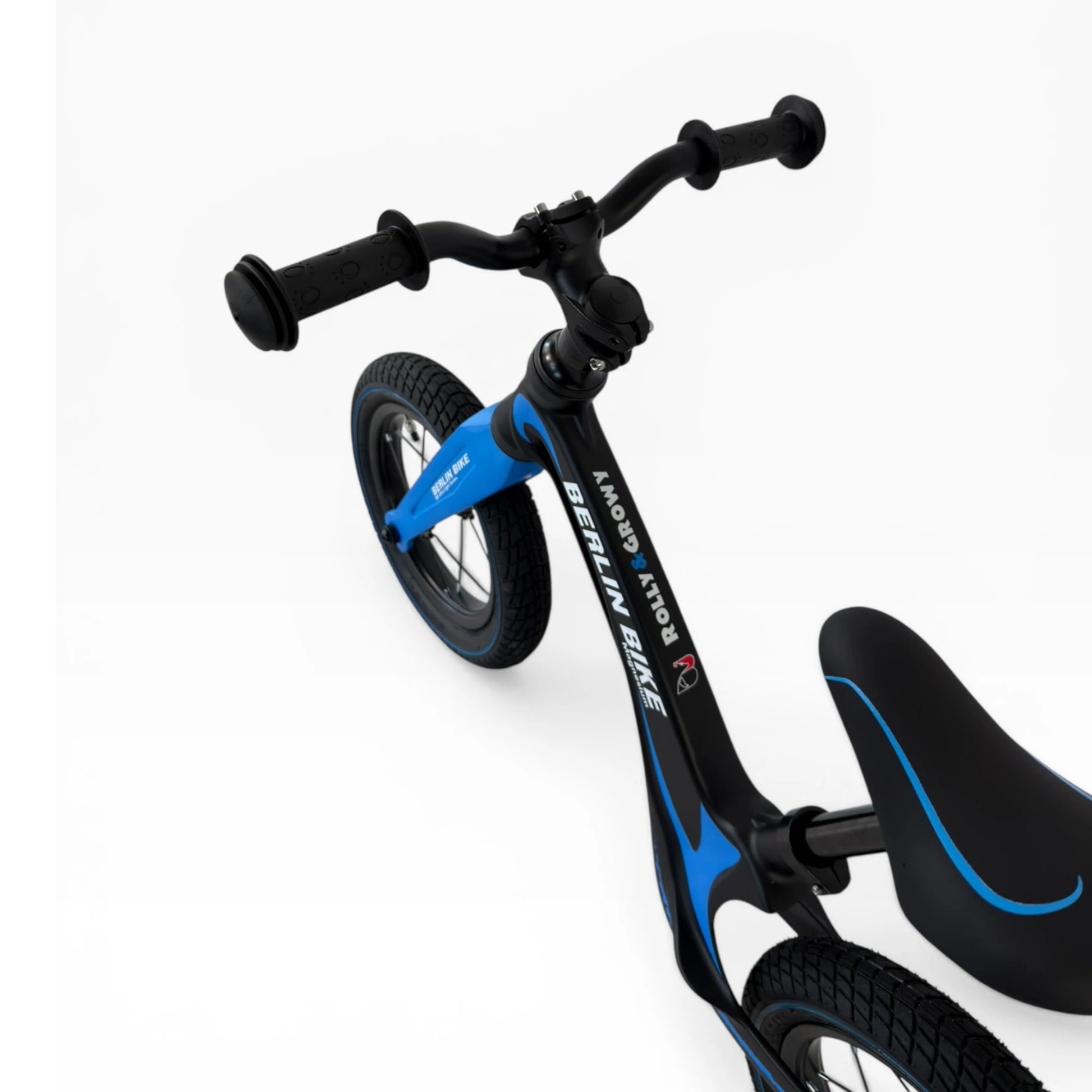 Berlin Bike Rolly Growy vélo d’équilibre 12 pouces détail du guidon et de la selle bleu