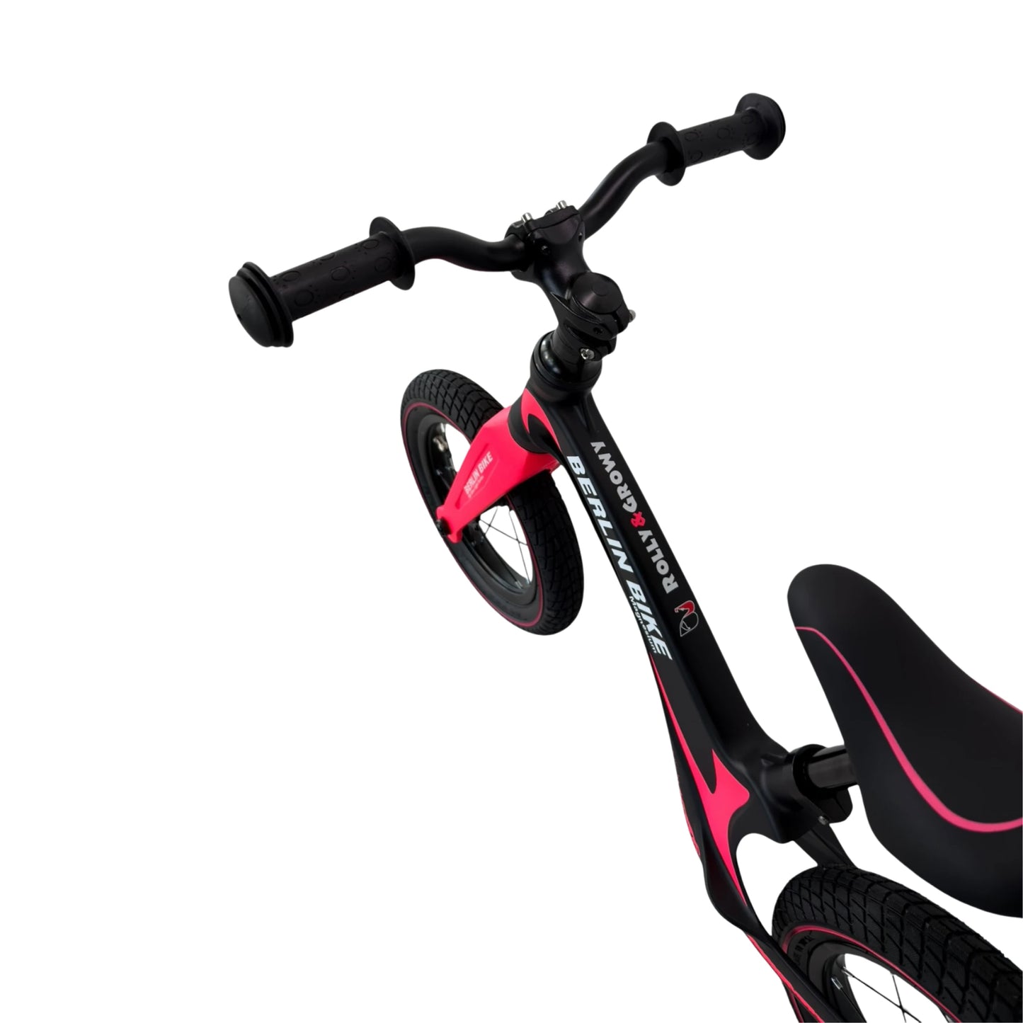 Berlin Bike Rolly Growy vélo d’équilibre 12 pouces détail du guidon et de la selle rose