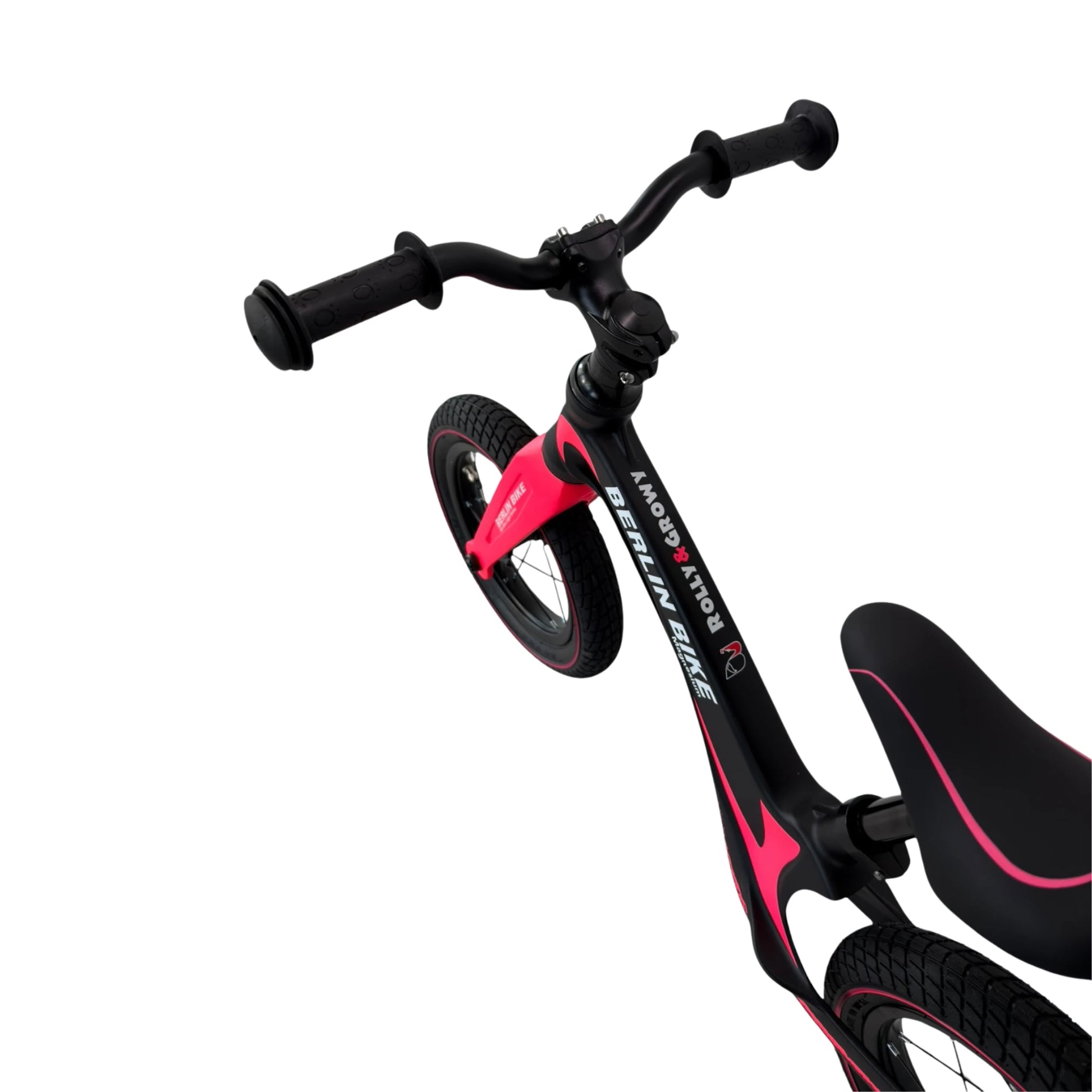 Berlin Bike Rolly Growy vélo d’équilibre 12 pouces détail du guidon et de la selle rose