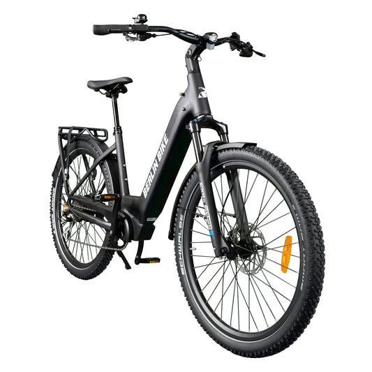 Vélo électrique tout-terrain de trekking Berlin Bike, 27,5 pouces, vue latérale à 45 degrés, noir mat