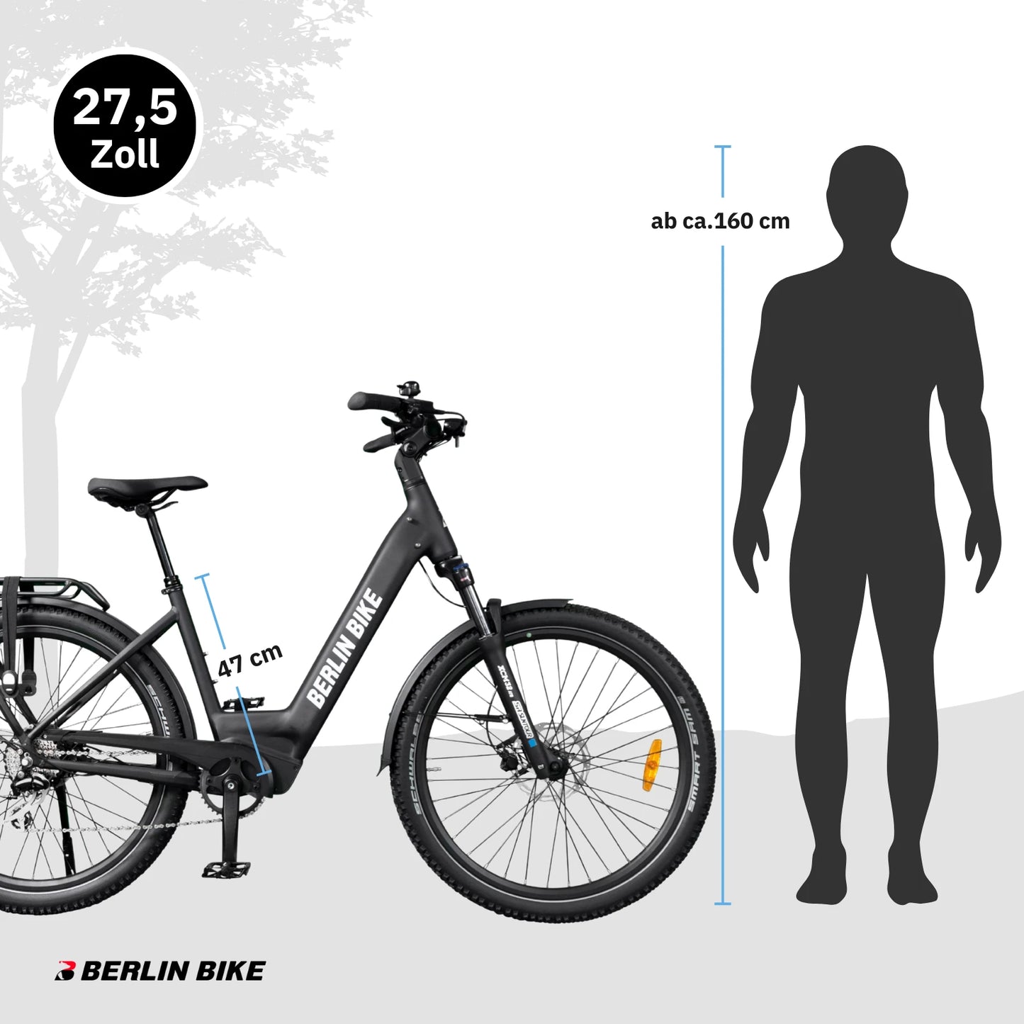 Berlin Bike SUV Trekking-E-Bike 27,5 Zoll Größenübersicht und Abmessungen, mattschwarz