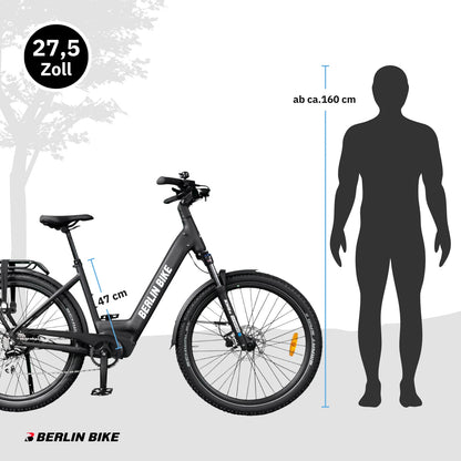 Berlin Bike SUV Trekking-E-Bike 27,5 Zoll Größenübersicht und Abmessungen, mattschwarz