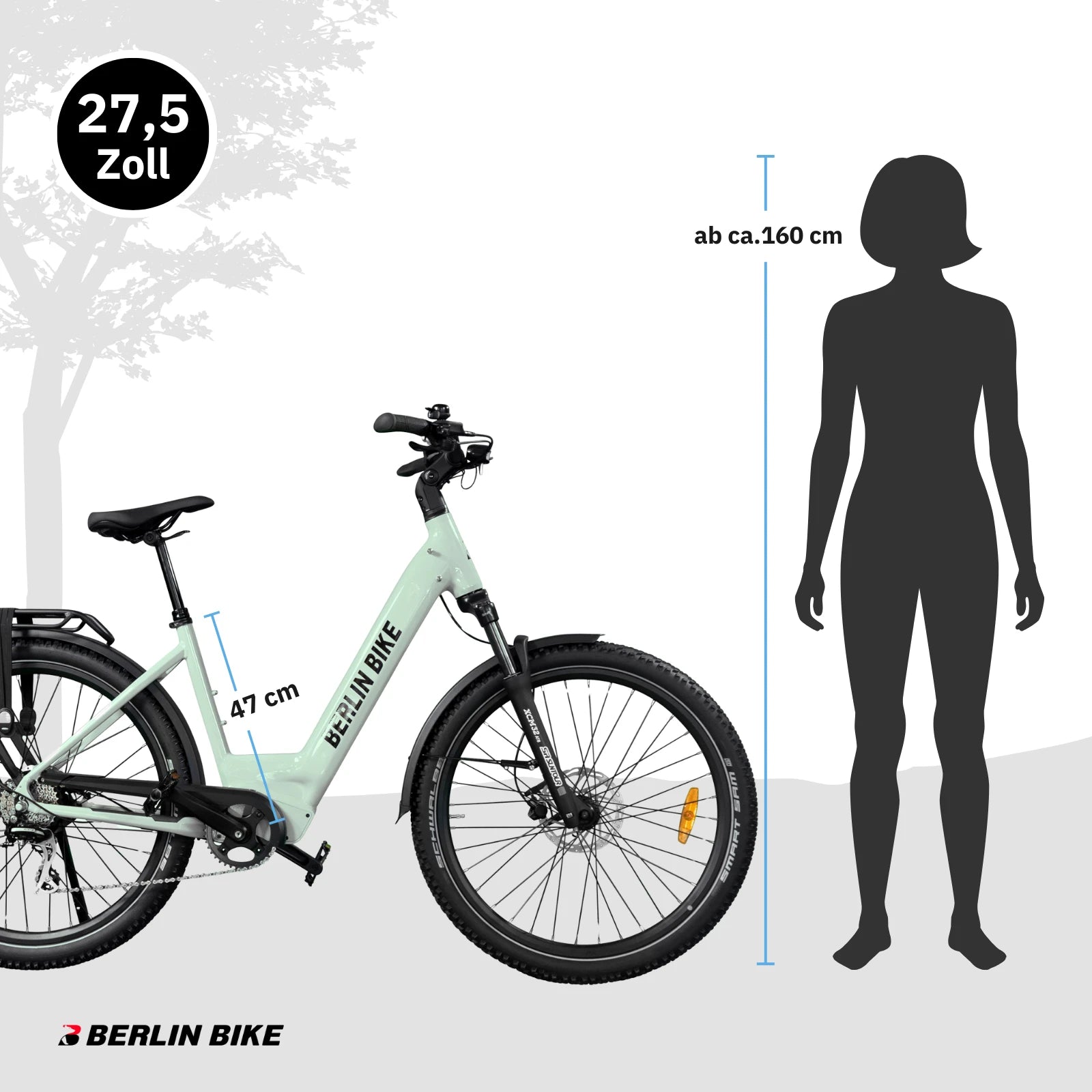 Berlin Bike SUV Trekking-E-Bike 27,5 Zoll Größenübersicht und Abmessungen, mattgrün