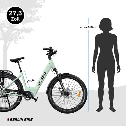 Berlin Bike SUV Trekking-E-Bike 27,5 Zoll Größenübersicht und Abmessungen, mattgrün