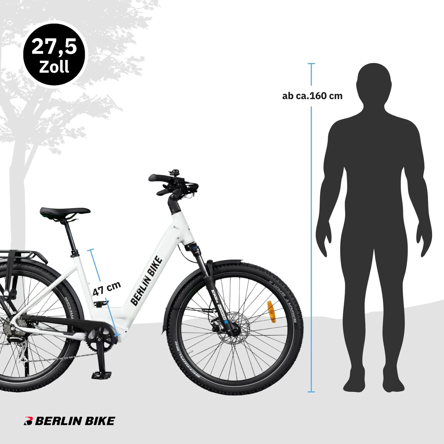 Berlin Bike SUV Trekking-E-Bike 27,5 Zoll Größenübersicht und Abmessungen, glänzend weiß
