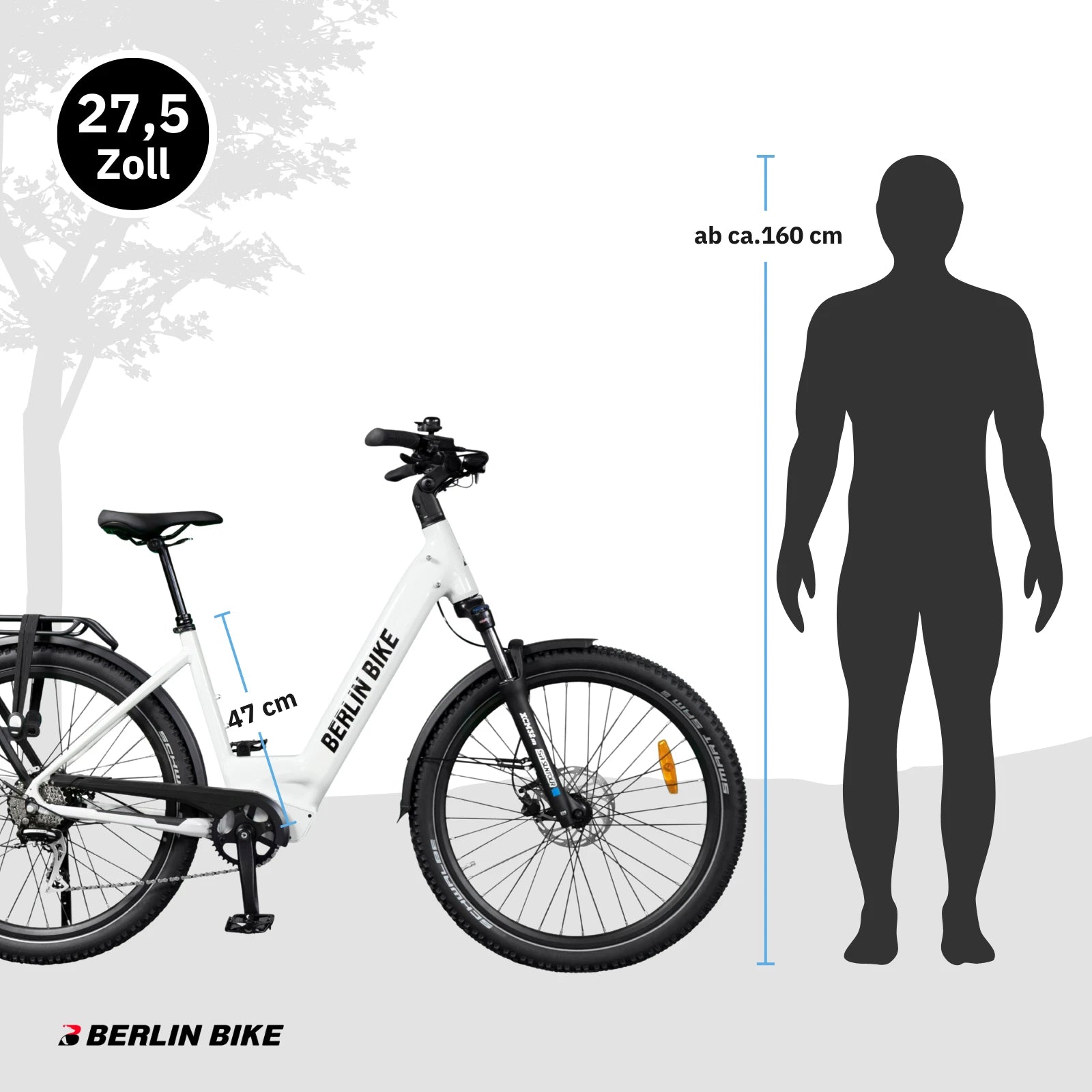 Berlin Bike SUV Trekking-E-Bike 27,5 Zoll Größenübersicht und Abmessungen, glänzend weiß