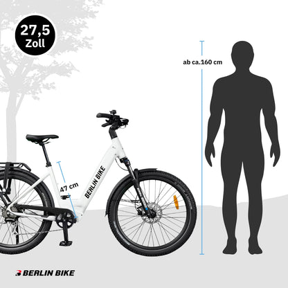 Berlin Bike SUV Trekking-E-Bike 27,5 Zoll Größenübersicht und Abmessungen, glänzend weiß