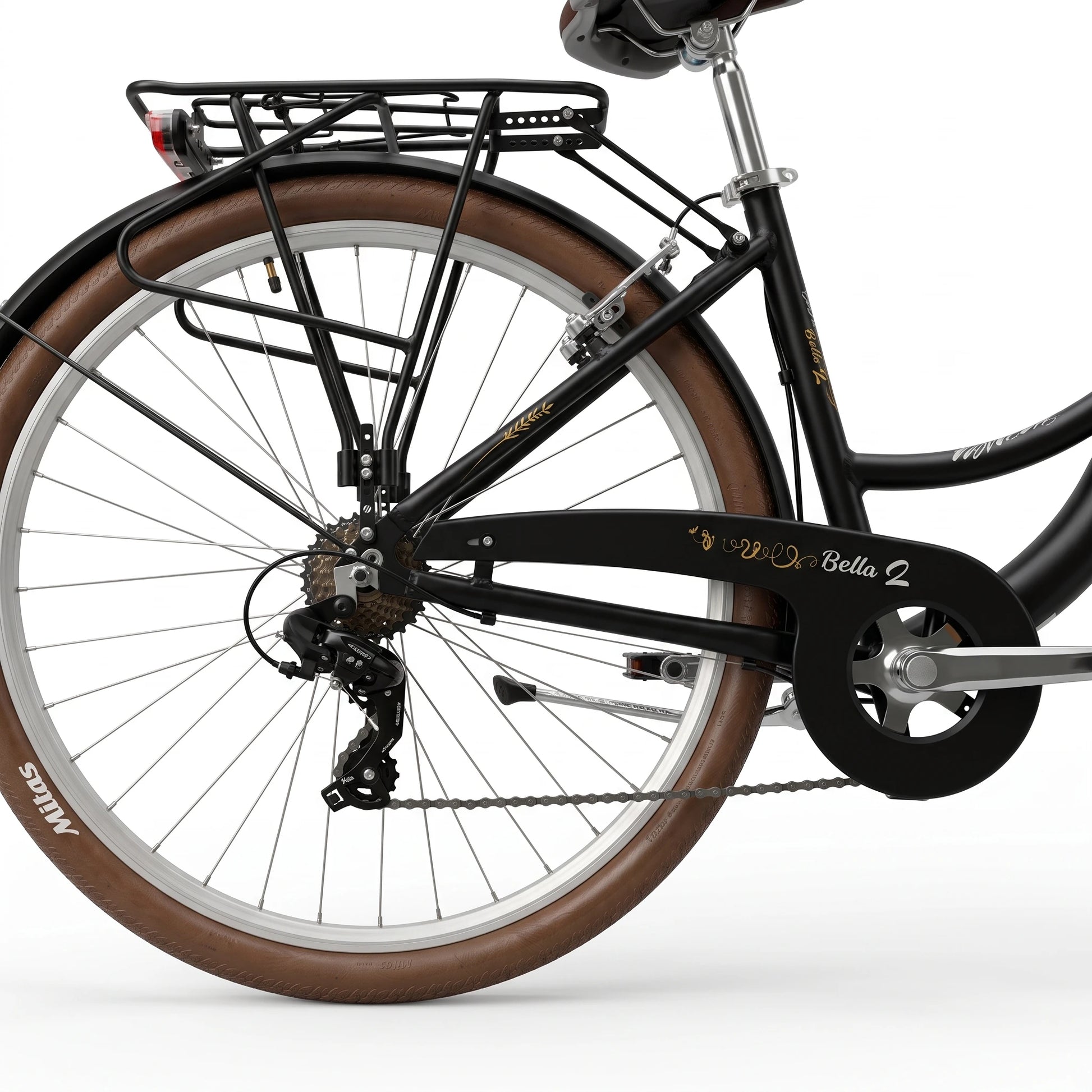 Berlin Bike Bella 2 citycykel 28 tommer detalje af baggear og drivsystem, sort