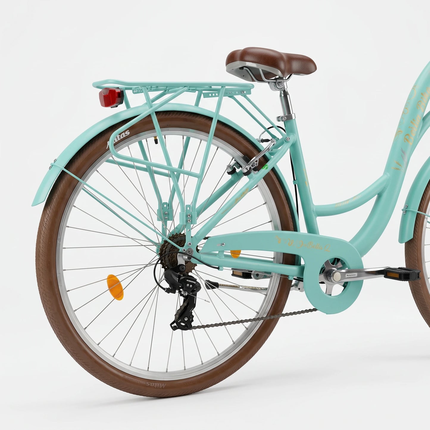 Berlin Bike Bella 2 citycykel 28 tommer detalje af baggear og drivsystem, grøn