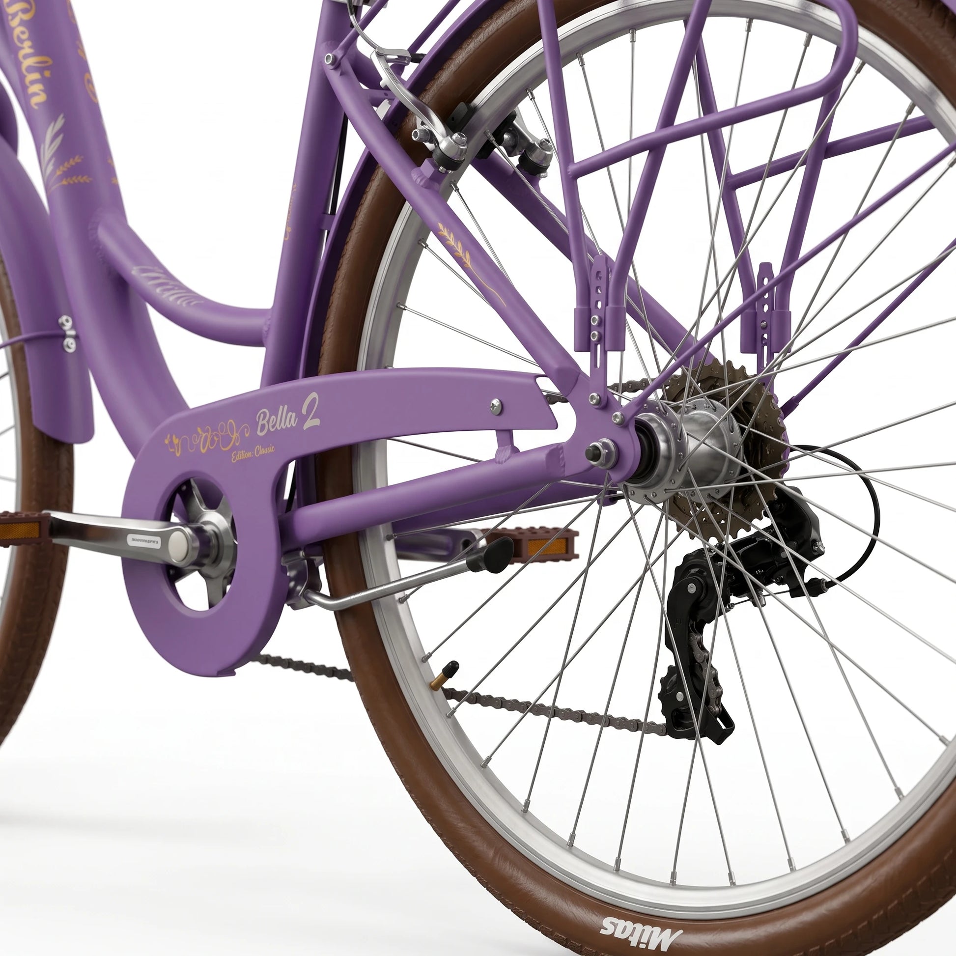 Berlin Bike Bella 2 citycykel 28 tommer detalje af baggear og drivsystem, lilla