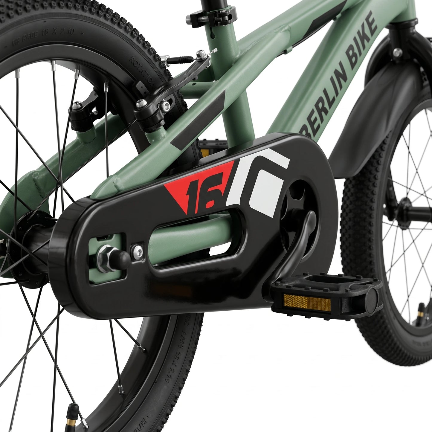 Berlin Bike Cross-børnecykel 16 tommer, detalje af kædeskærm og pedal, grøn