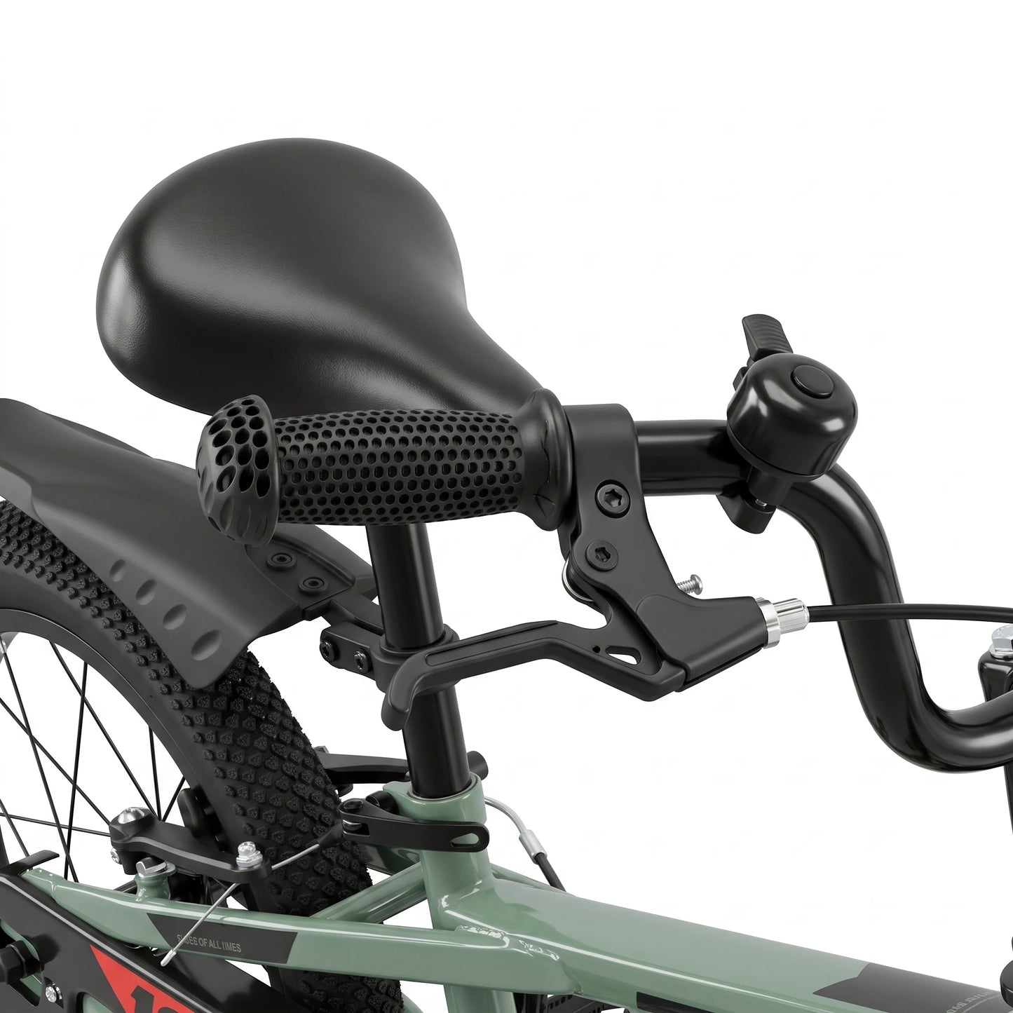 Berlin Bike Cross-børnecykel 16 tommer, detalje af bremsegreb og ringeklokke, grøn