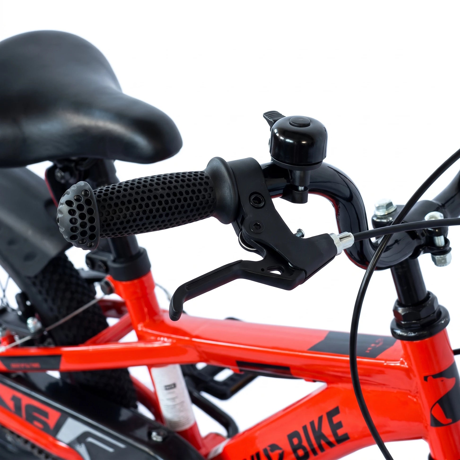 Berlin Bike Cross-børnecykel 16 tommer, detalje af bremsegreb og ringeklokke, orange