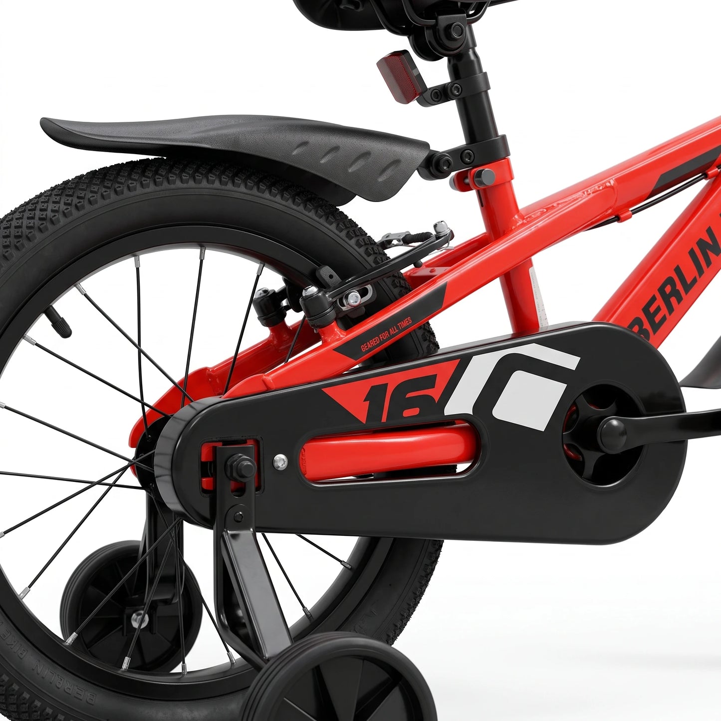 Berlin Bike Cross-børnecykel 16 tommer, detalje af kædeskærm og støttehjul, orange