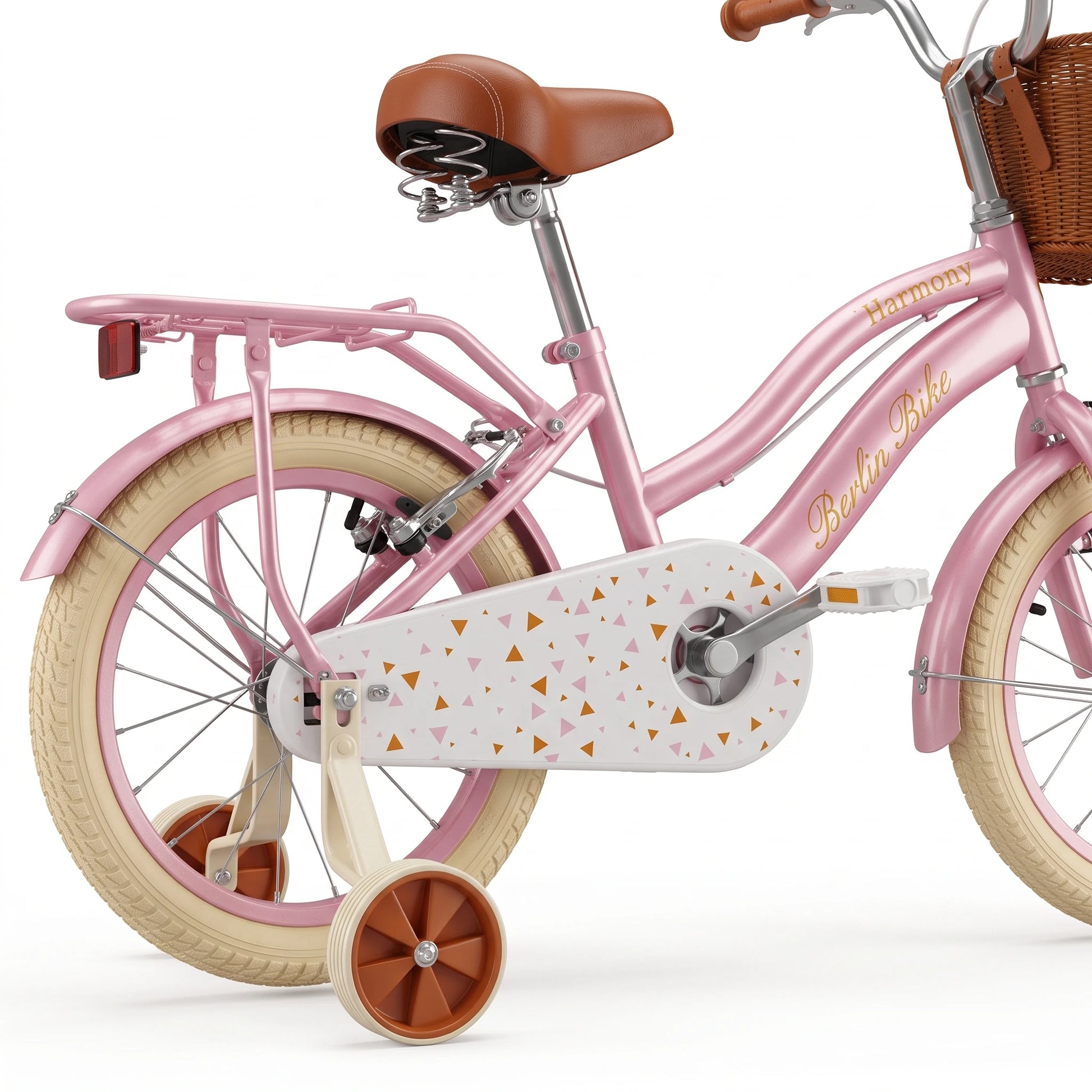 Vélo enfant Berlin Bike Harmony 16 pouces détail de la roue arrière, du protège-chaîne et des roulettes stabilisatrices rose