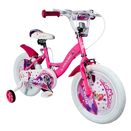 Vélo enfant Berlin Bike Linda 16 pouces, vue latérale à 45 degrés, rose