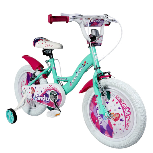 Vélo enfant Berlin Bike Linda 16 pouces, vue latérale à 45 degrés, turquoise