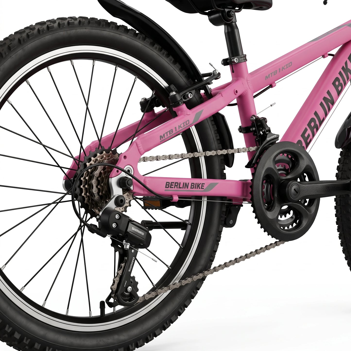 Berlin Bike MTB1 Kids Bike 20 Inch rear gears and drivetrain detail fuchsia