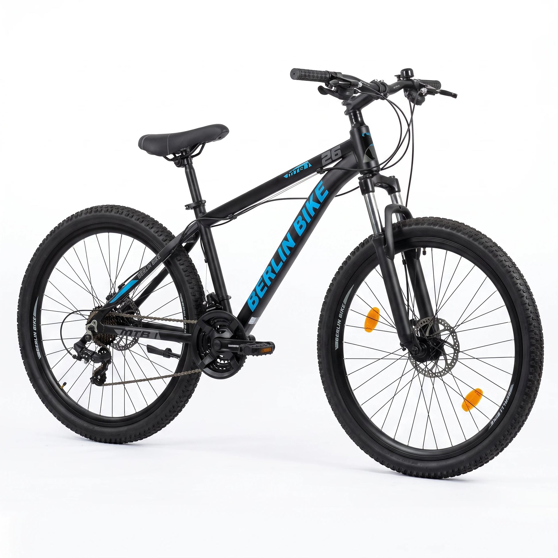 Berlin Bike MTB1 mountainbike 26 tommer sidevisning i 45 grader sort blå