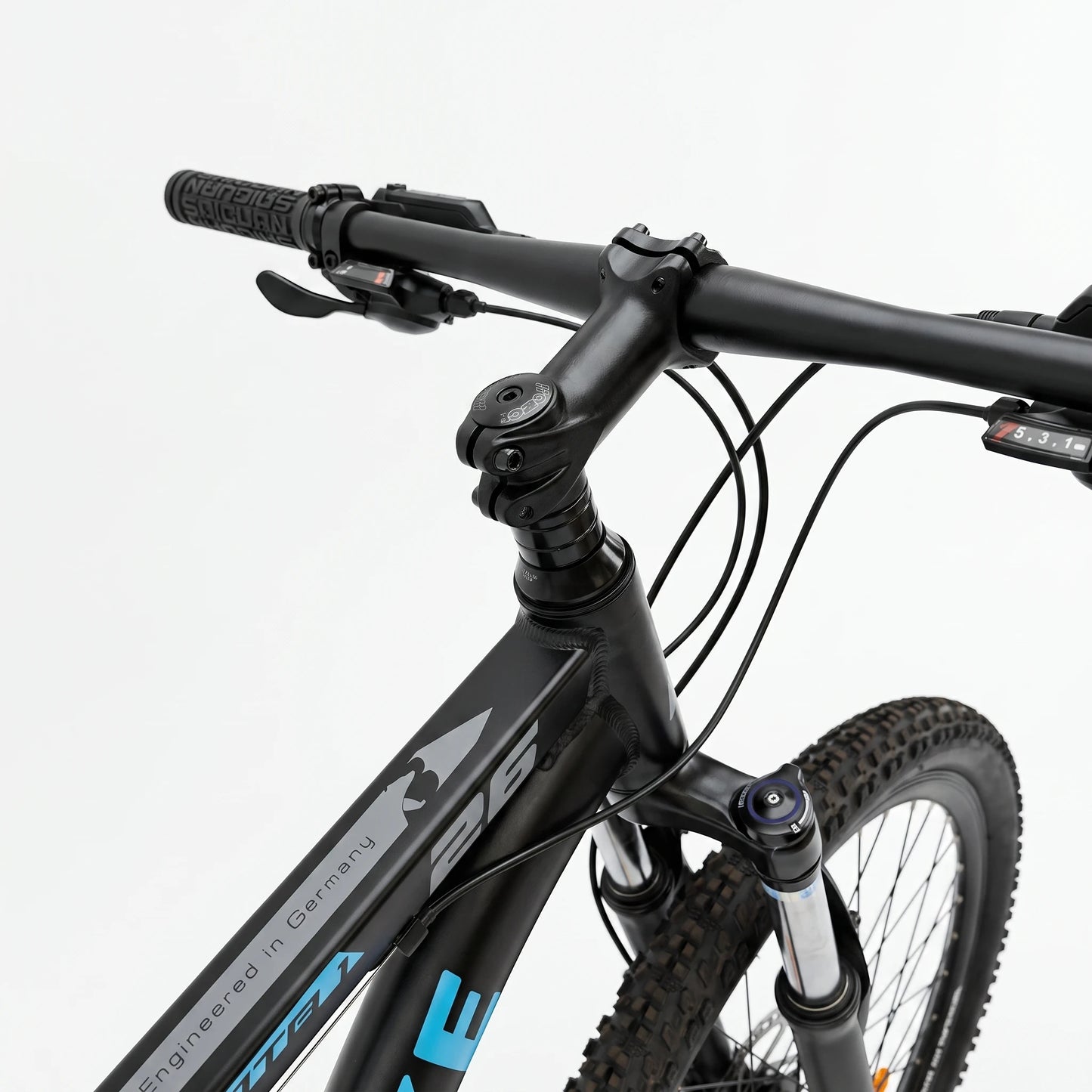 Berlin Bike MTB1 mountainbike 26 tommer detalje af styr sort blå