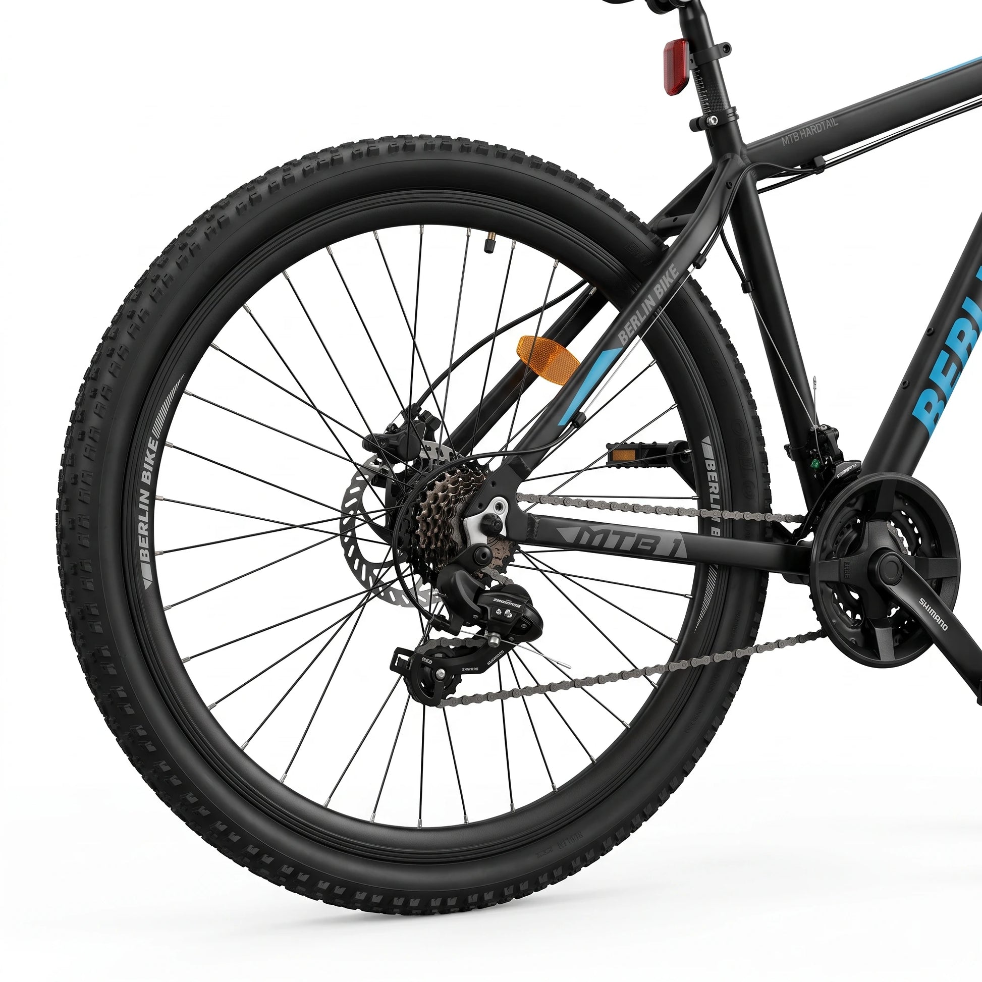 Berlin Bike MTB1 mountainbike 26 tommer detalje af baghjul og drivlinje sort blå