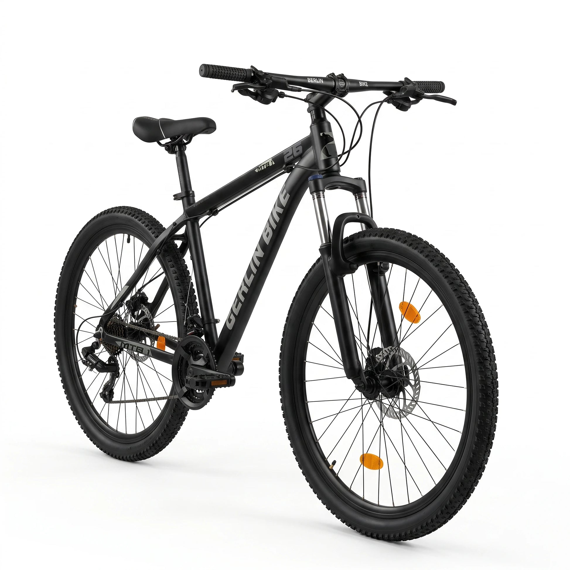 Berlin Bike MTB1 mountainbike 26 tommer sidevisning i 45 grader sort sølv
