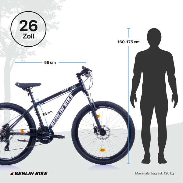 Berlin Bike MTB1 mountainbike 26 tommer størrelsesguide og mål sort sølv