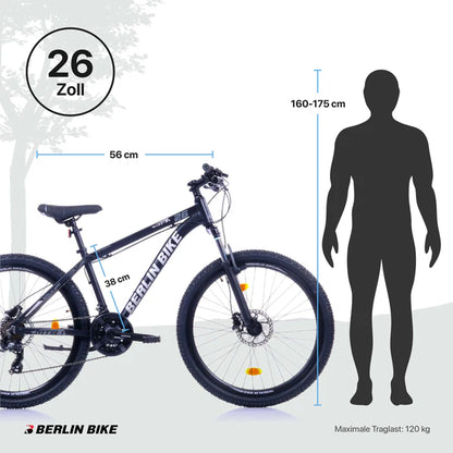 Berlin Bike MTB1 mountainbike 26 tommer størrelsesguide og mål sort sølv