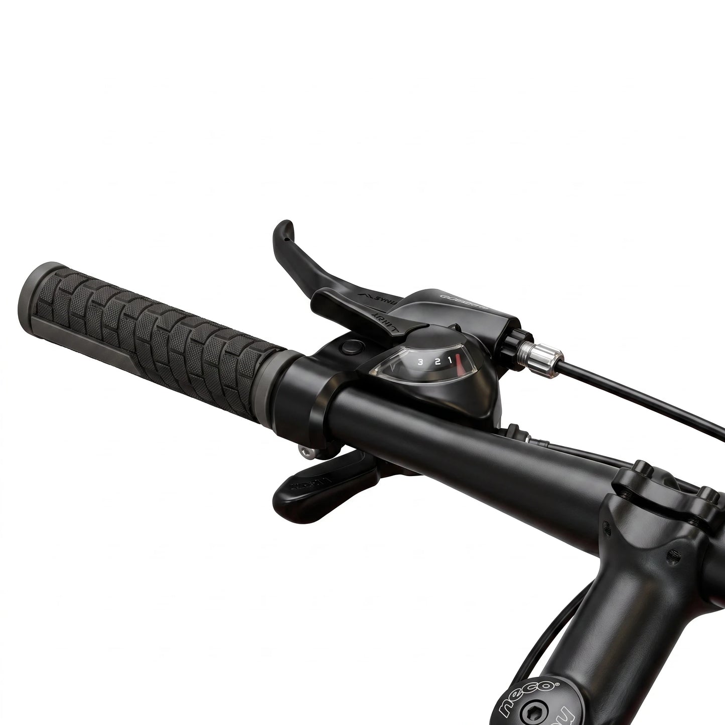 Berlin Bike MTB1 mountainbike 27,5 tommer, detalje af gearskiftergreb, sort/blå