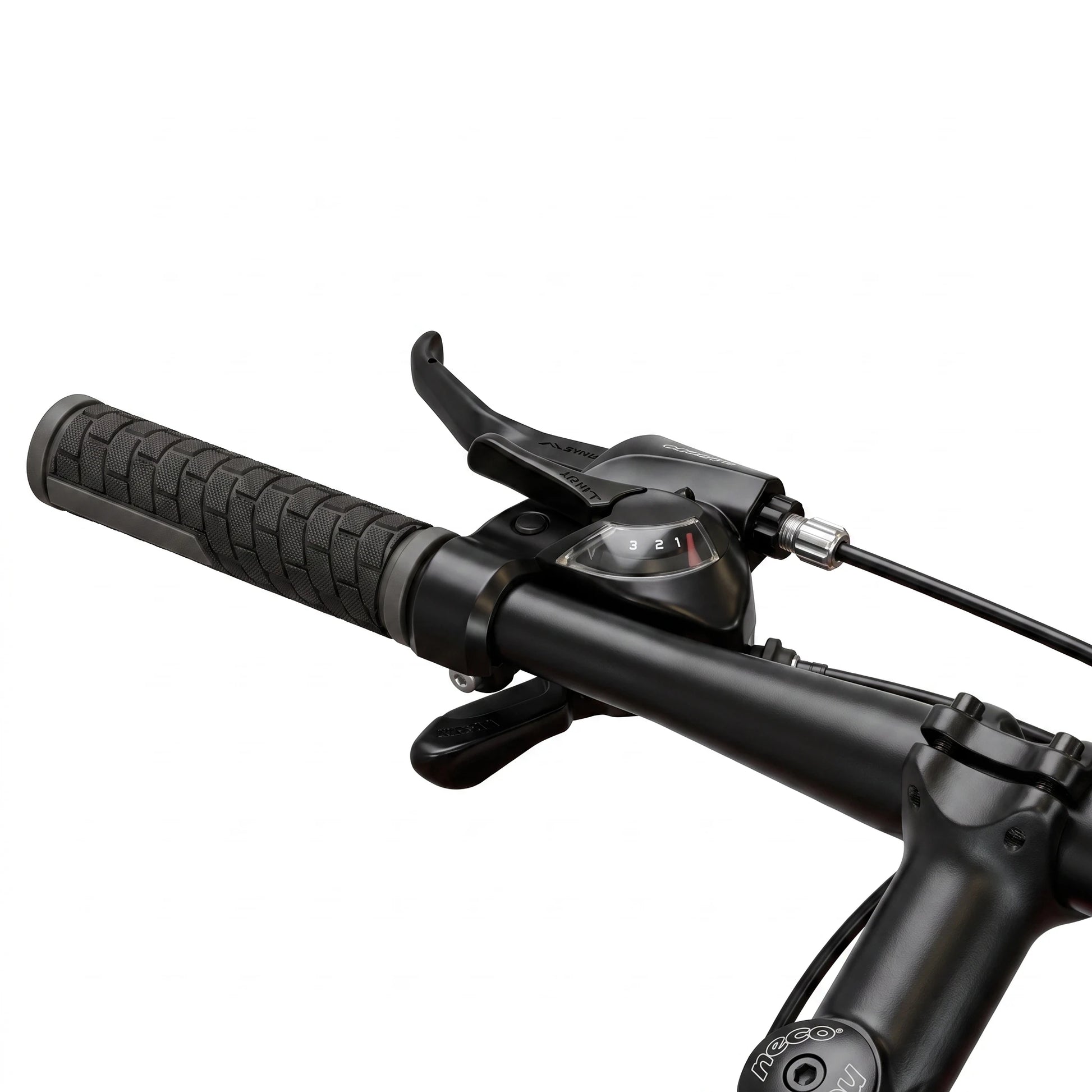 Berlin Bike MTB1 mountainbike 27,5 tommer, detalje af gearskiftergreb, sort/blå
