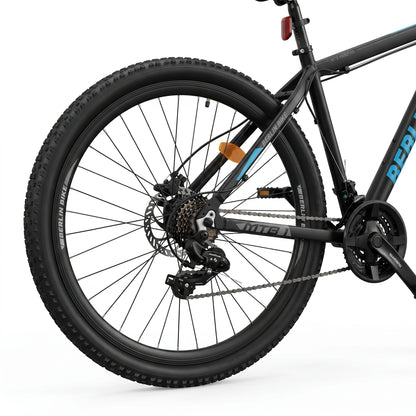 Berlin Bike MTB1 mountainbike 27,5 tommer, detalje af baggear og drivlinje, sort/blå