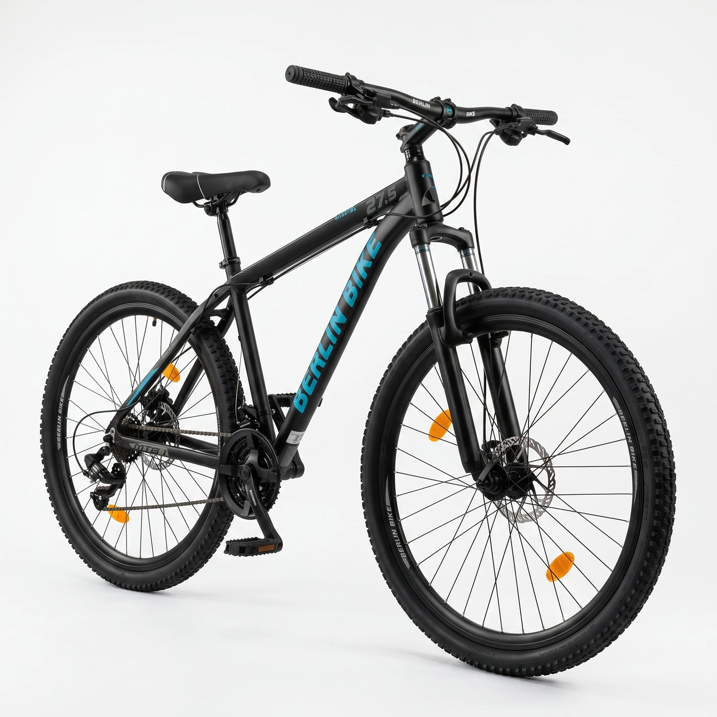 Berlin Bike MTB1 mountainbike 27,5 tommer, 45-graders sidevisning, sort og blå
