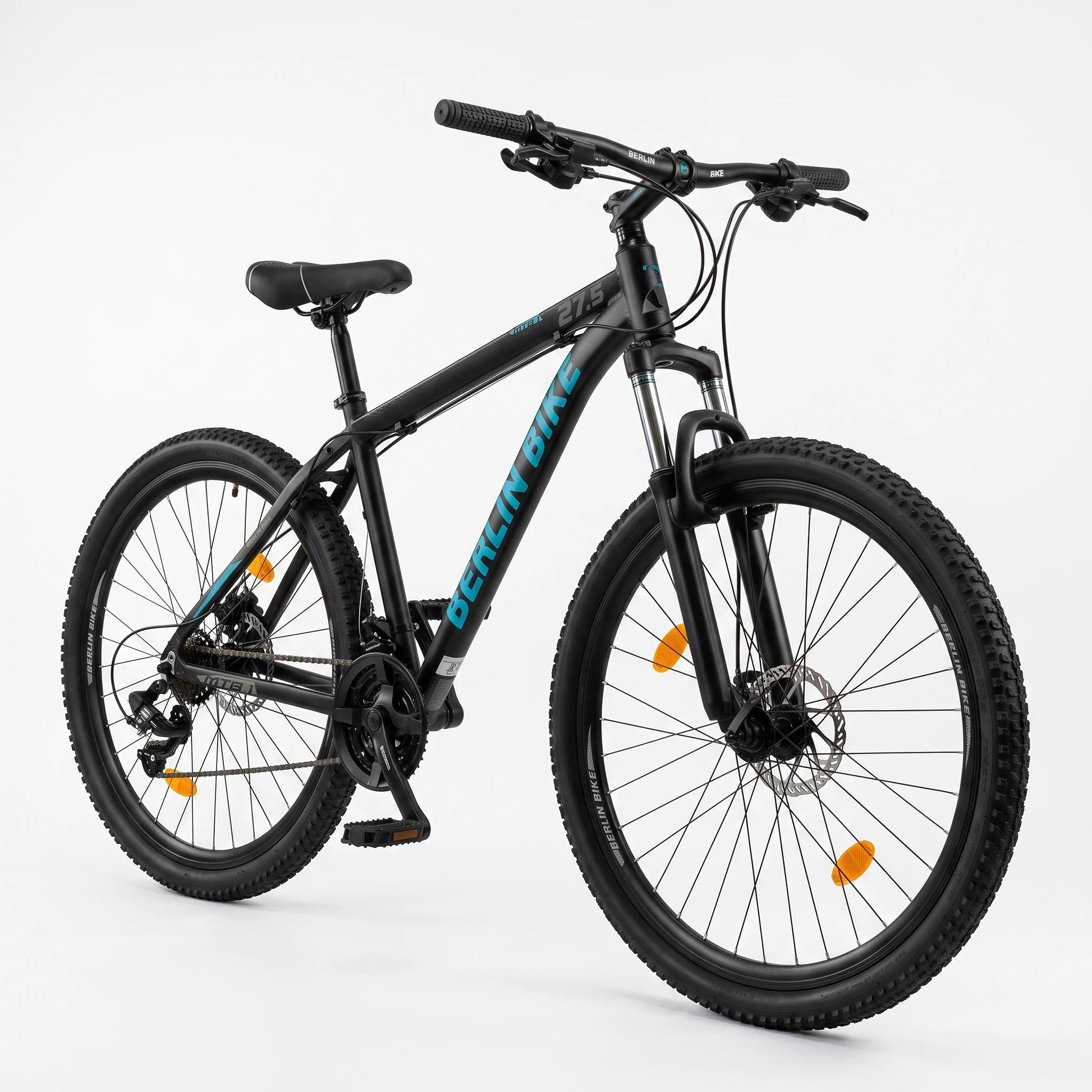 Berlin Bike MTB1 mountainbike 27,5 tommer, 45-graders sidevisning, sort og blå