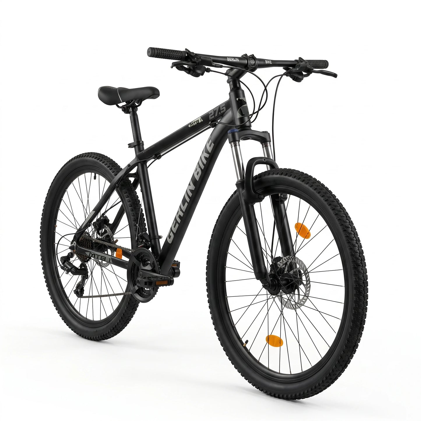 Berlin Bike MTB1 mountainbike 27,5 tommer, sidevisning i 45 grader, sort/sølv