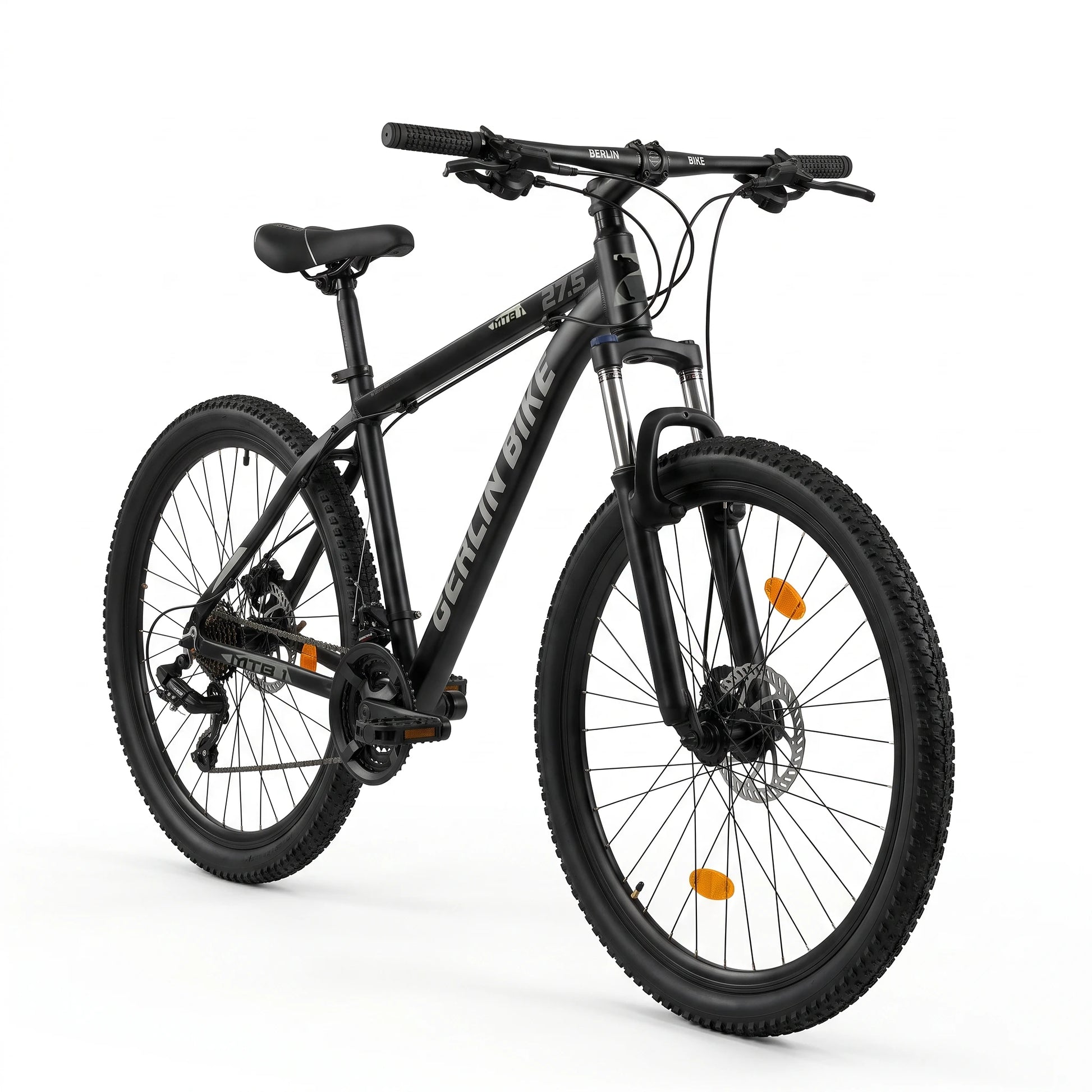 Berlin Bike MTB1 mountainbike 27,5 tommer sidevisning i 45 grader sort sølv
