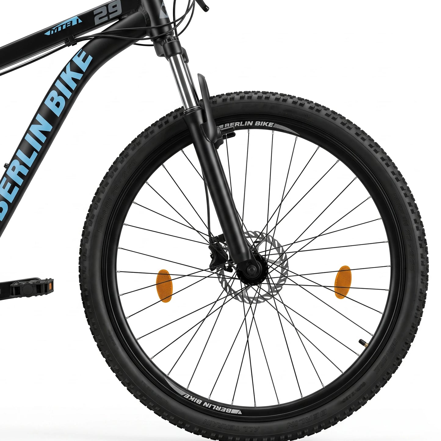 Berlin Bike MTB1 mountainbike 29 tommer, detalje af forhjul, sort/blå