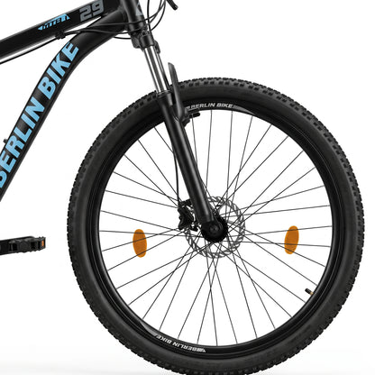 Berlin Bike MTB1 mountainbike 29 tommer, detalje af forhjul, sort/blå