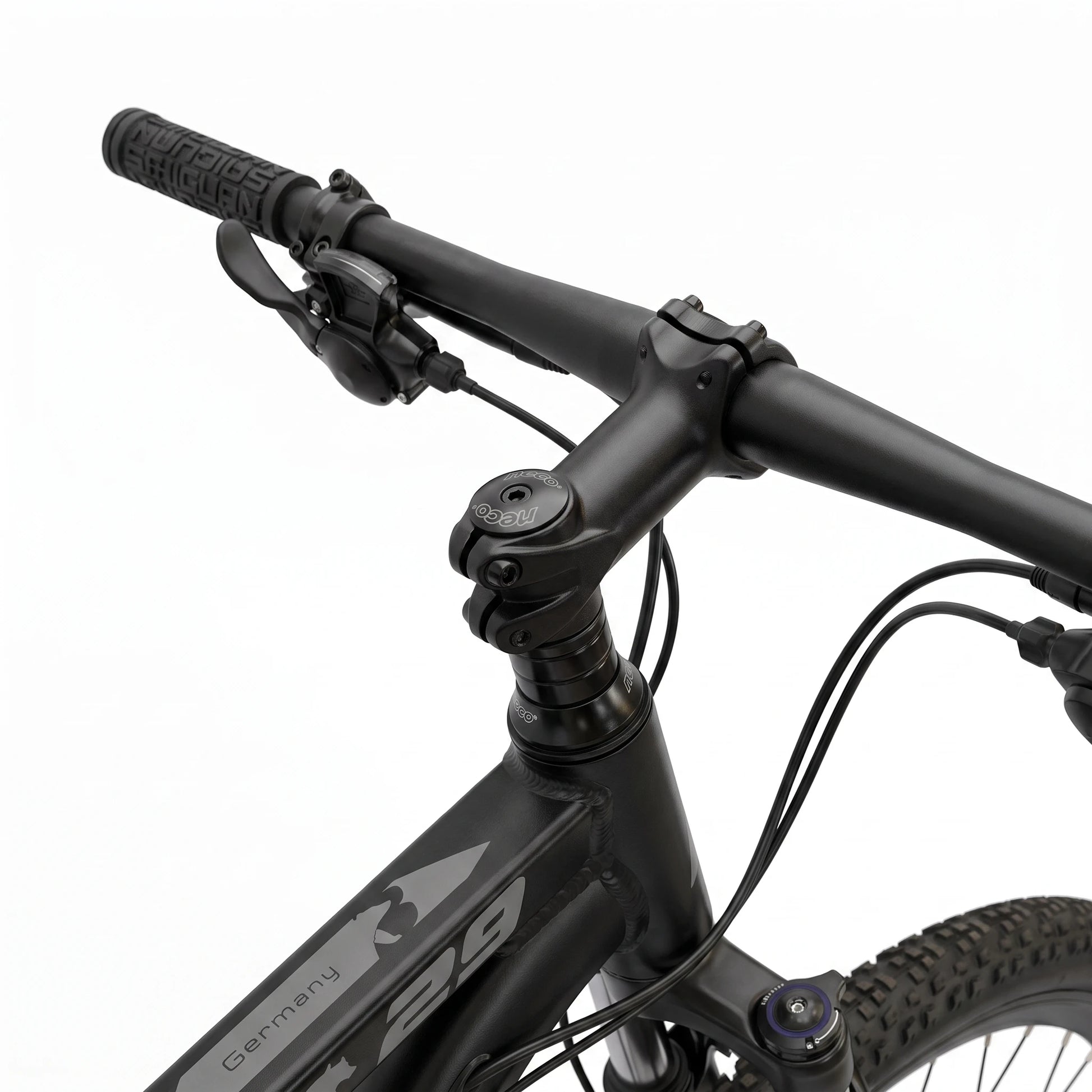 Berlin Bike MTB1 mountainbike 29 tommer, detalje af styr, sort/blå