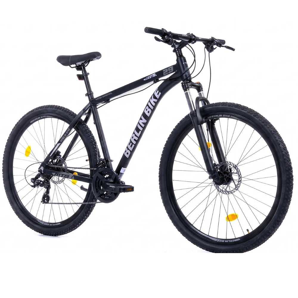 Berlin Bike MTB1 mountainbike 29 tommer, sidevisning i 45 grader, sort/sølv